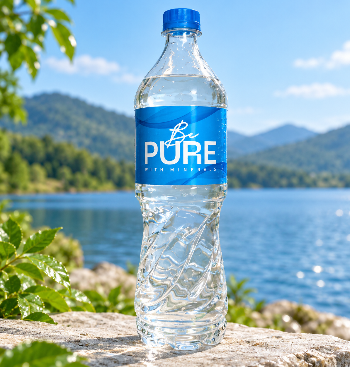 2-Be PURE bottle beside a serene lake