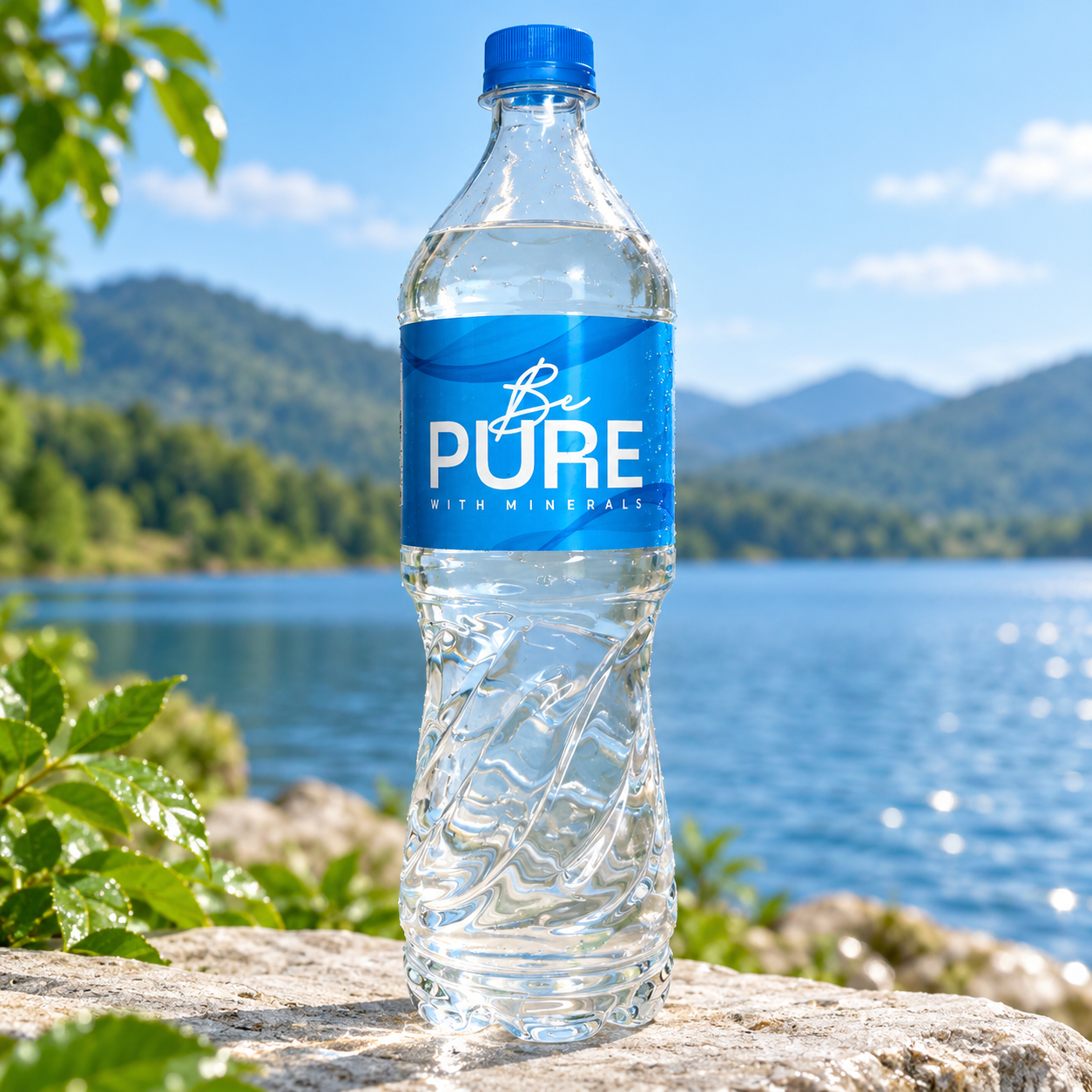 Be PURE bottle beside a serene lake